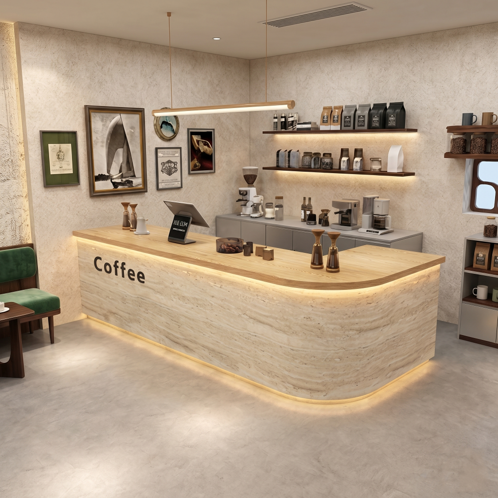 Modern Coffee Bar Counter with Stone Texture Front and LED Lighting RD-282
