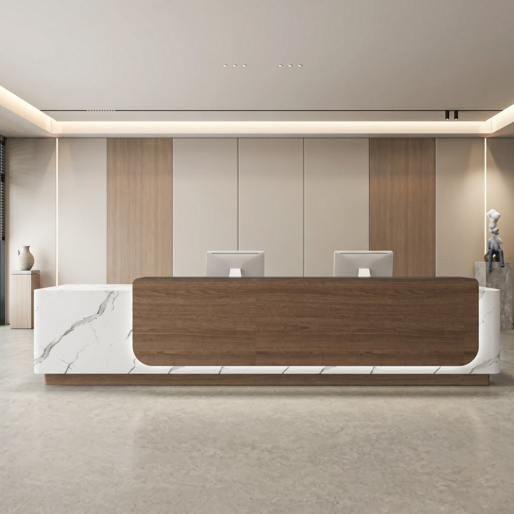 Modern Double Reception Desk with Wood Accent Panel and LED Lighting RD-286