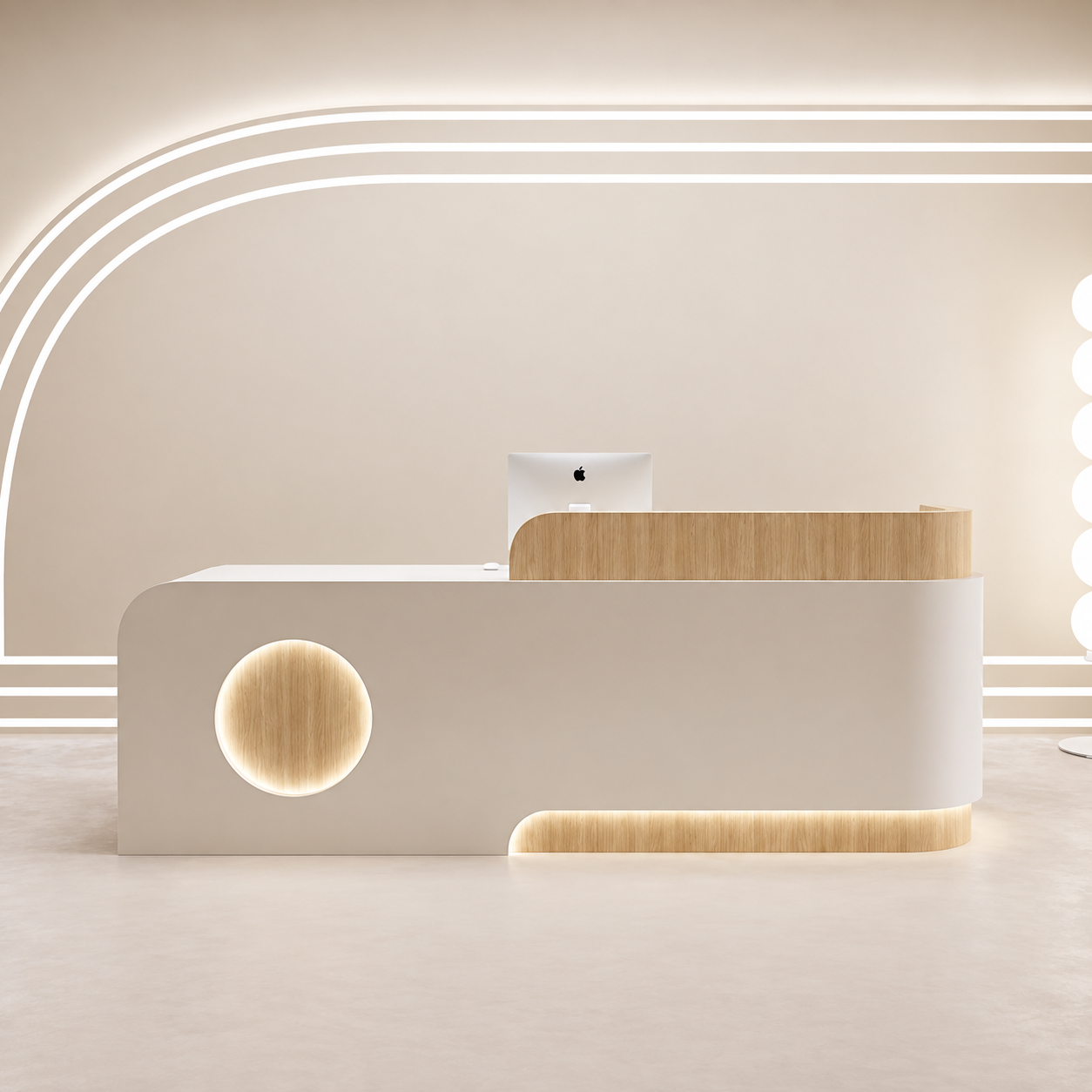 Curved Reception Desk with Circular Accent Panel and LED Lighting RD-312