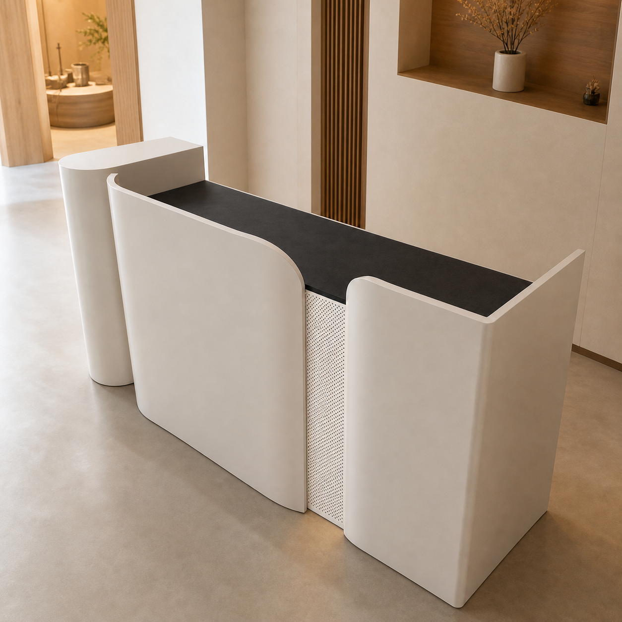 Modern Curved Reception Desk with Side Shelf and Mesh Accent Panel RD-317
