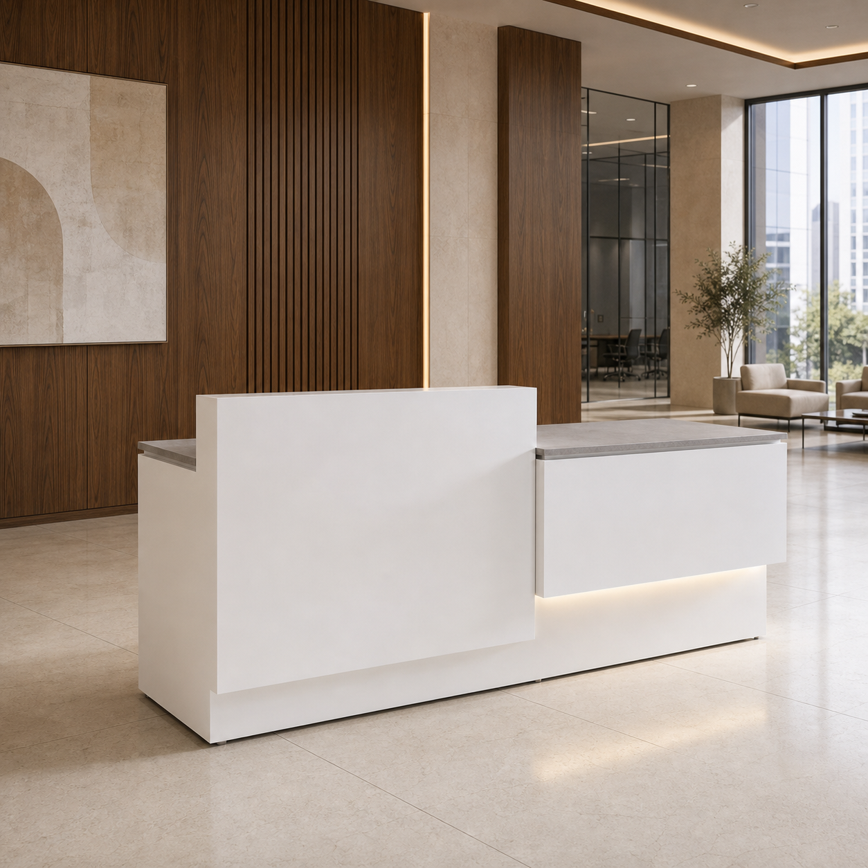 Modern Reception Desk with Side Display Counter and Stone Texture Top RD-318