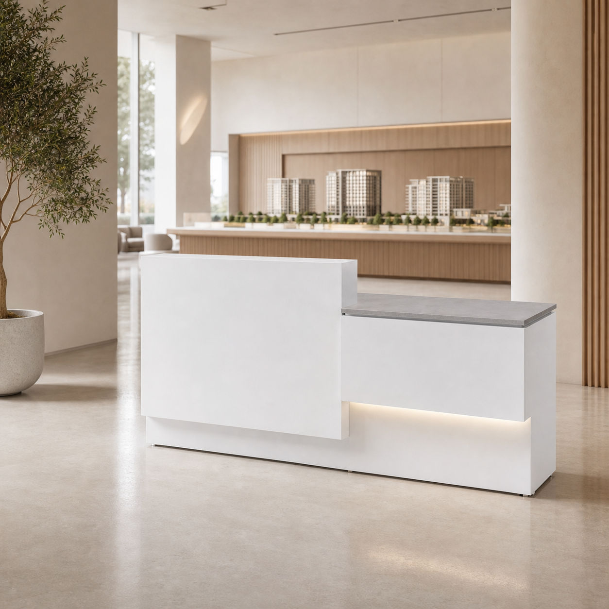 Modern Reception Desk with Side Display Counter and Stone Texture Top RD-318