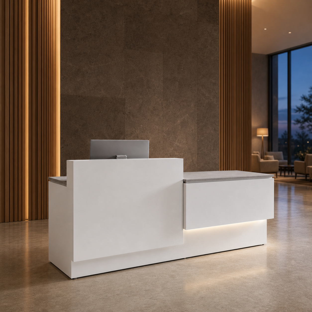 Modern Reception Desk with Side Display Counter and Stone Texture Top RD-318