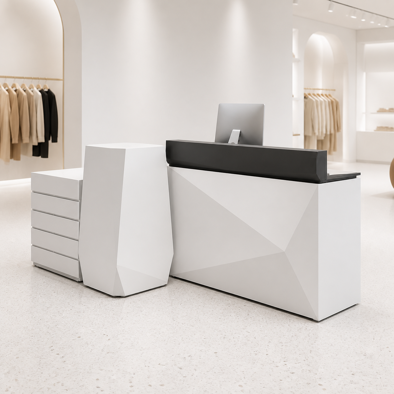 Modular Reception Desk Set with Side Cabinet, Display Pedestal, and Main Counter RD-320