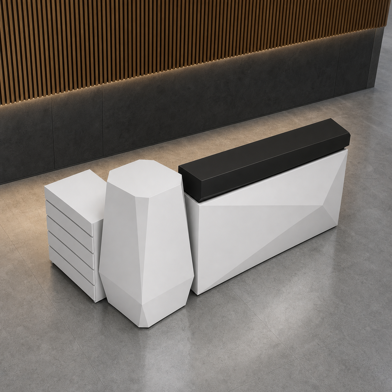 Modular Reception Desk Set with Side Cabinet, Display Pedestal, and Main Counter RD-320