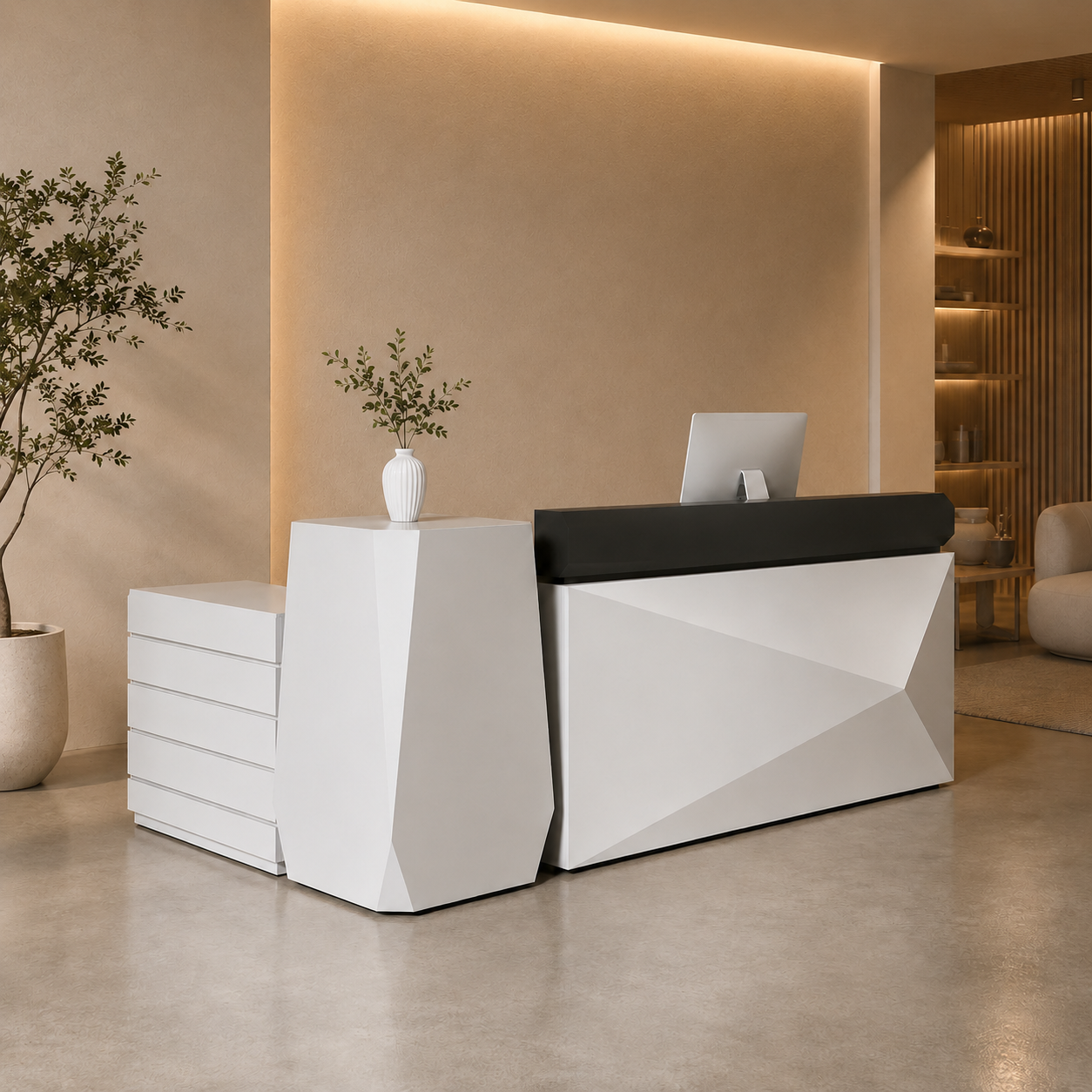 Modular Reception Desk Set with Side Cabinet, Display Pedestal, and Main Counter RD-320
