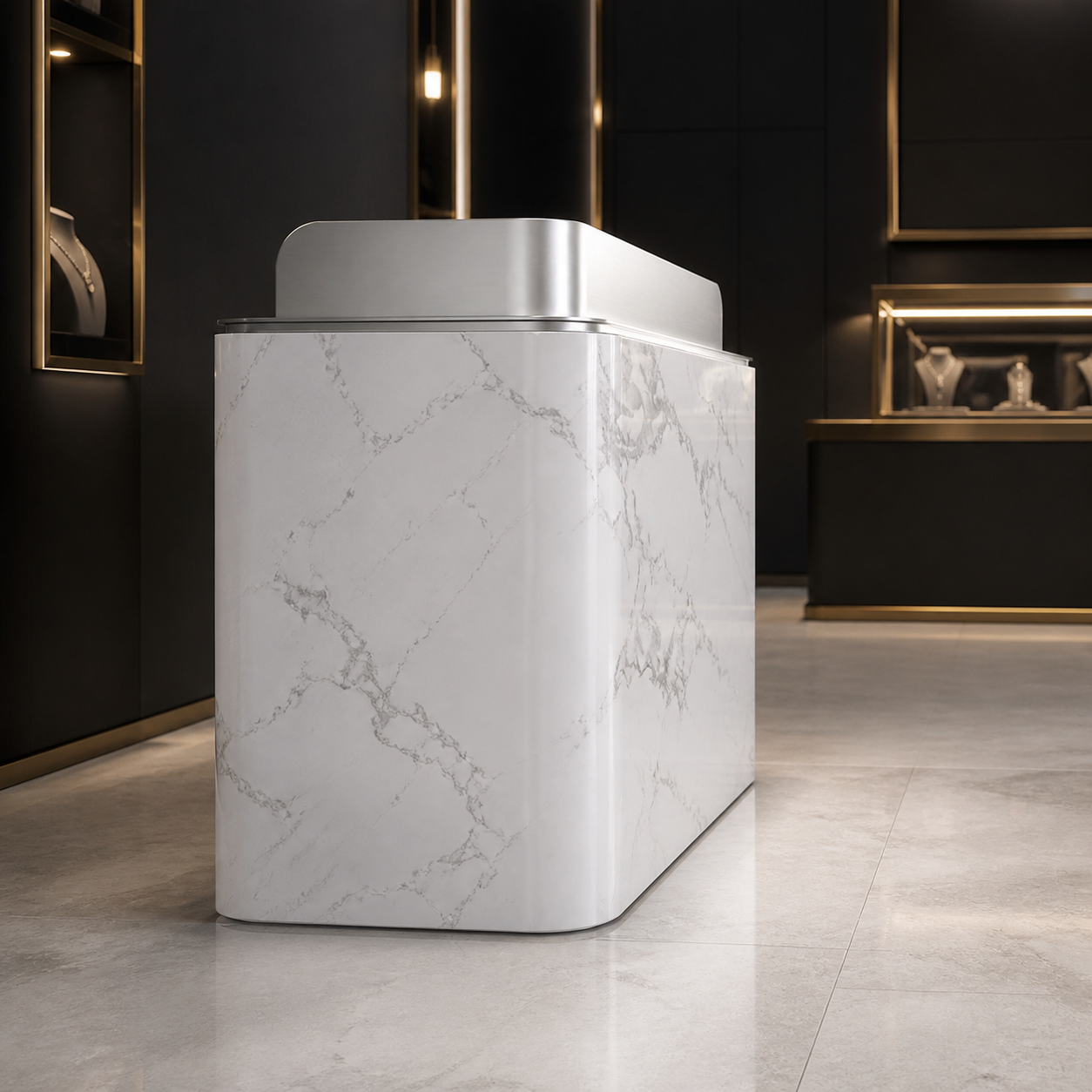 Modern Reception Desk with Faux Stone Gloss Finish and Metallic Top Accent RD-321