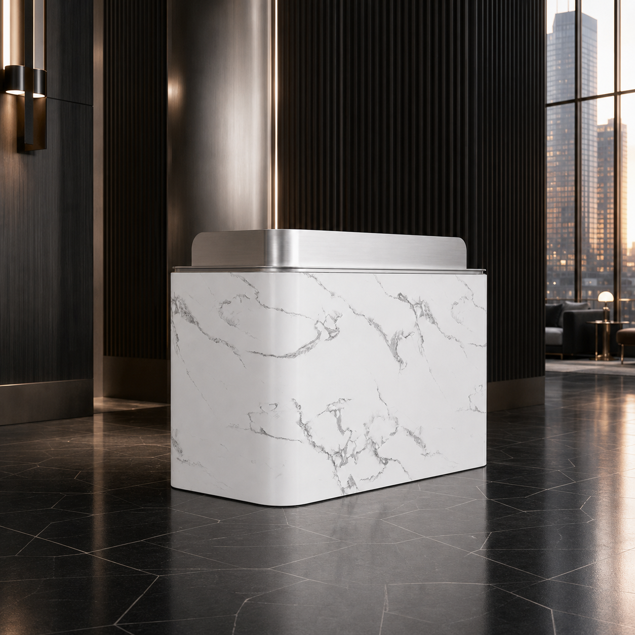 Modern Reception Desk with Faux Stone Gloss Finish and Metallic Top Accent RD-321
