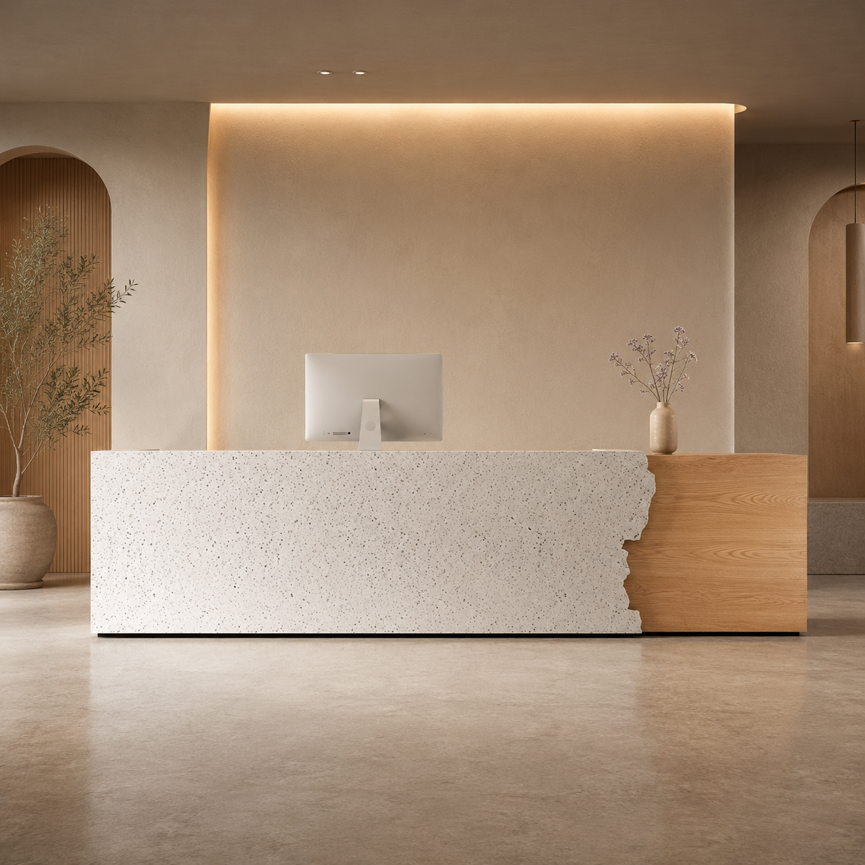 Modern Reception Desk with Speckled Stone Texture Front and Wood Accent RD-322