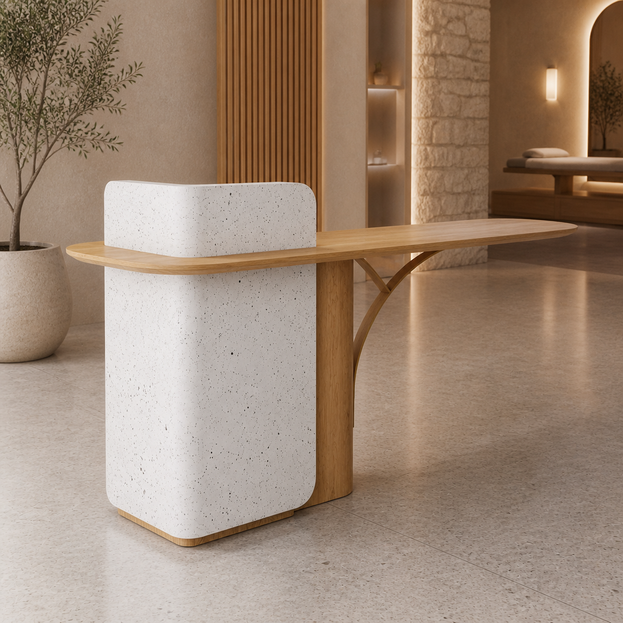 Modern Reception Desk with Side Counter and Curved Accent Support RD-323