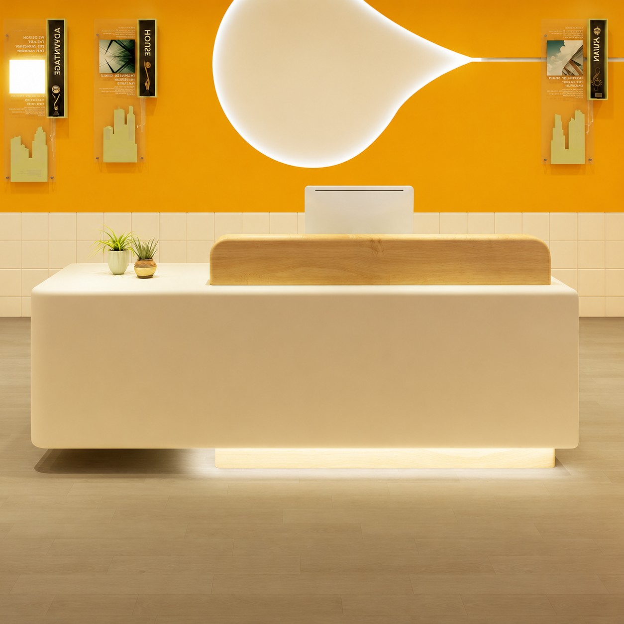 Modern Reception Desk with Rounded Corners and Raised Wood Accent RD-325