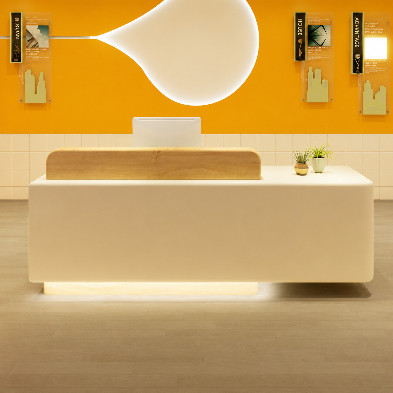 Modern Reception Desk with Rounded Corners and Raised Wood Accent RD-325