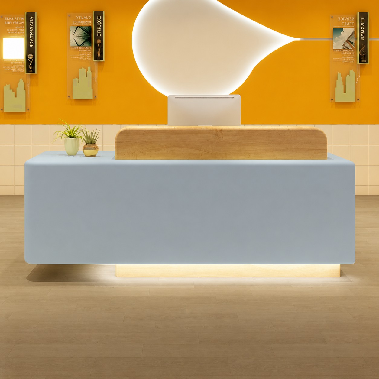 Modern Reception Desk with Rounded Corners and Raised Wood Accent RD-325