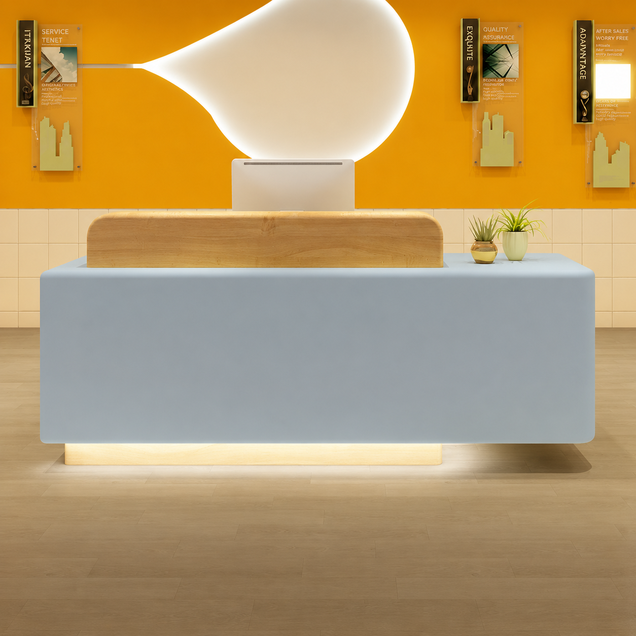 Modern Reception Desk with Rounded Corners and Raised Wood Accent RD-325