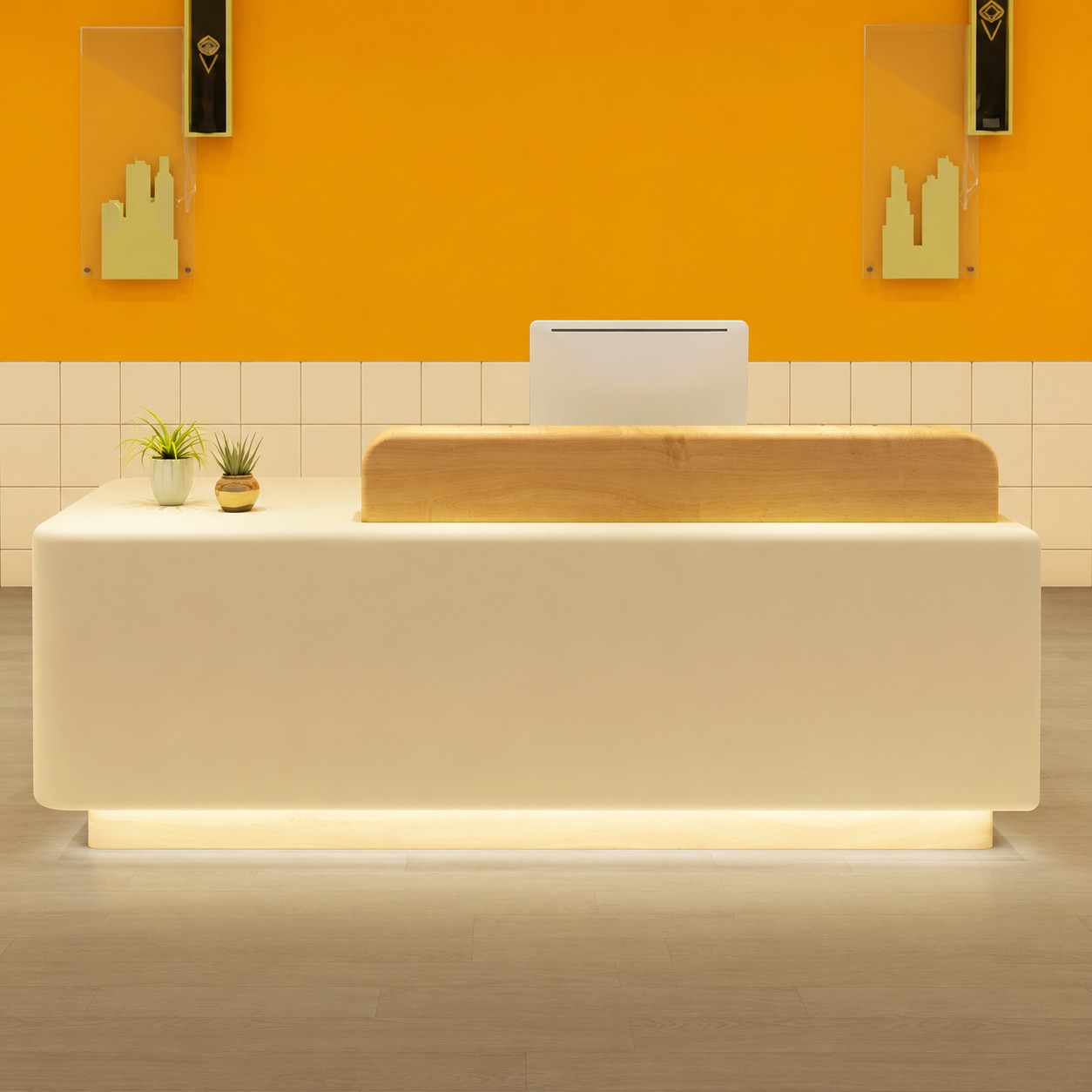 Modern Reception Desk with Rounded Corners and Raised Wood Accent RD-325