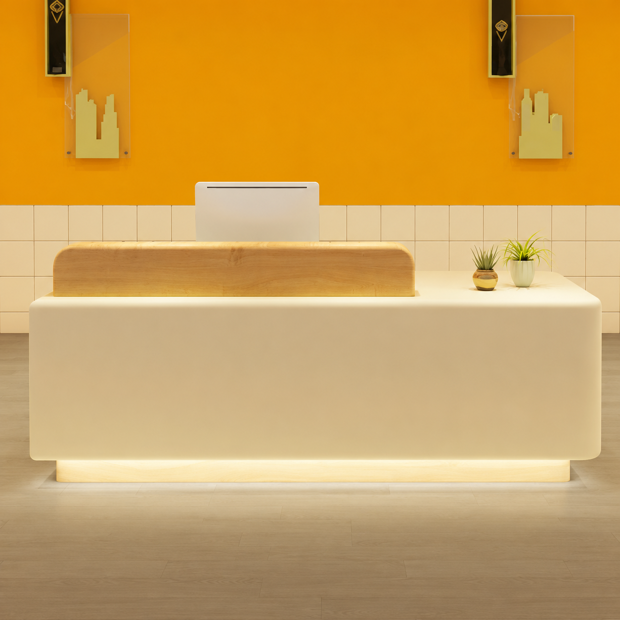 Modern Reception Desk with Rounded Corners and Raised Wood Accent RD-325