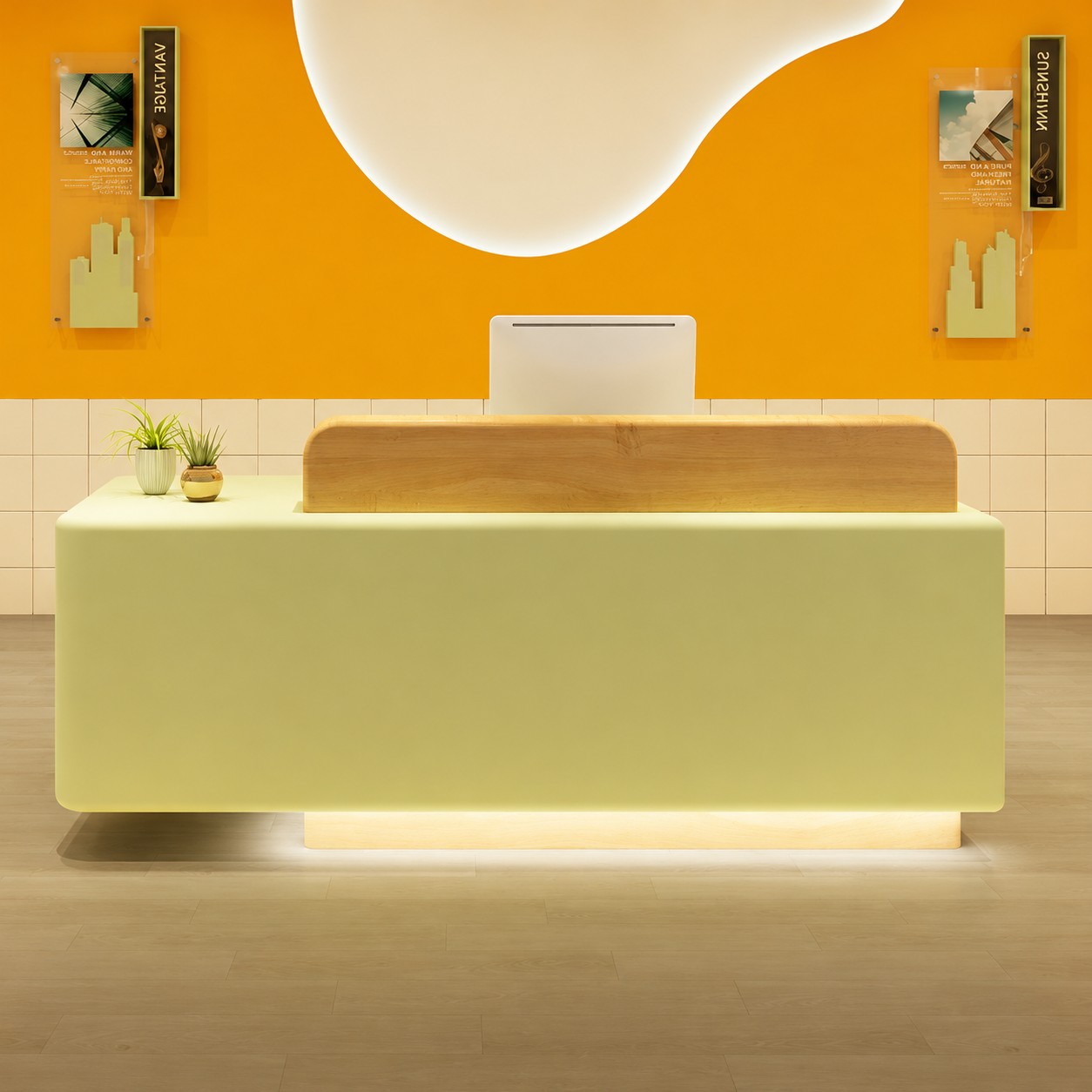 Modern Reception Desk with Rounded Corners and Raised Wood Accent RD-325