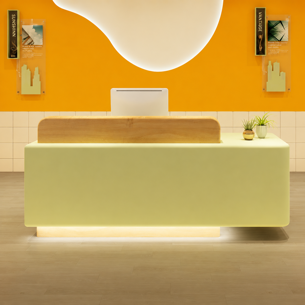 Modern Reception Desk with Rounded Corners and Raised Wood Accent RD-325