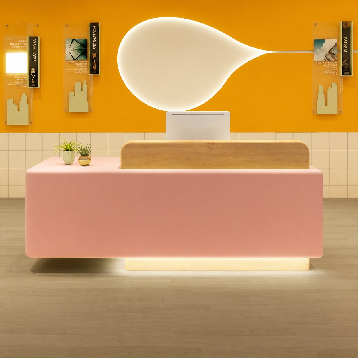 Modern Reception Desk with Rounded Corners and Raised Wood Accent RD-325