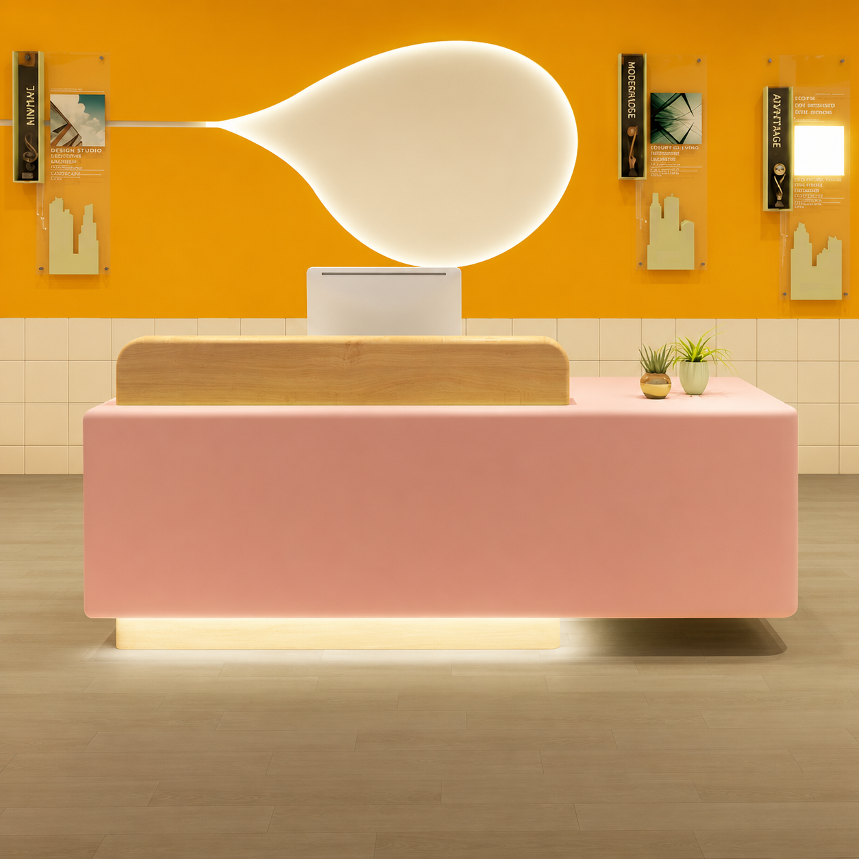 Modern Reception Desk with Rounded Corners and Raised Wood Accent RD-325