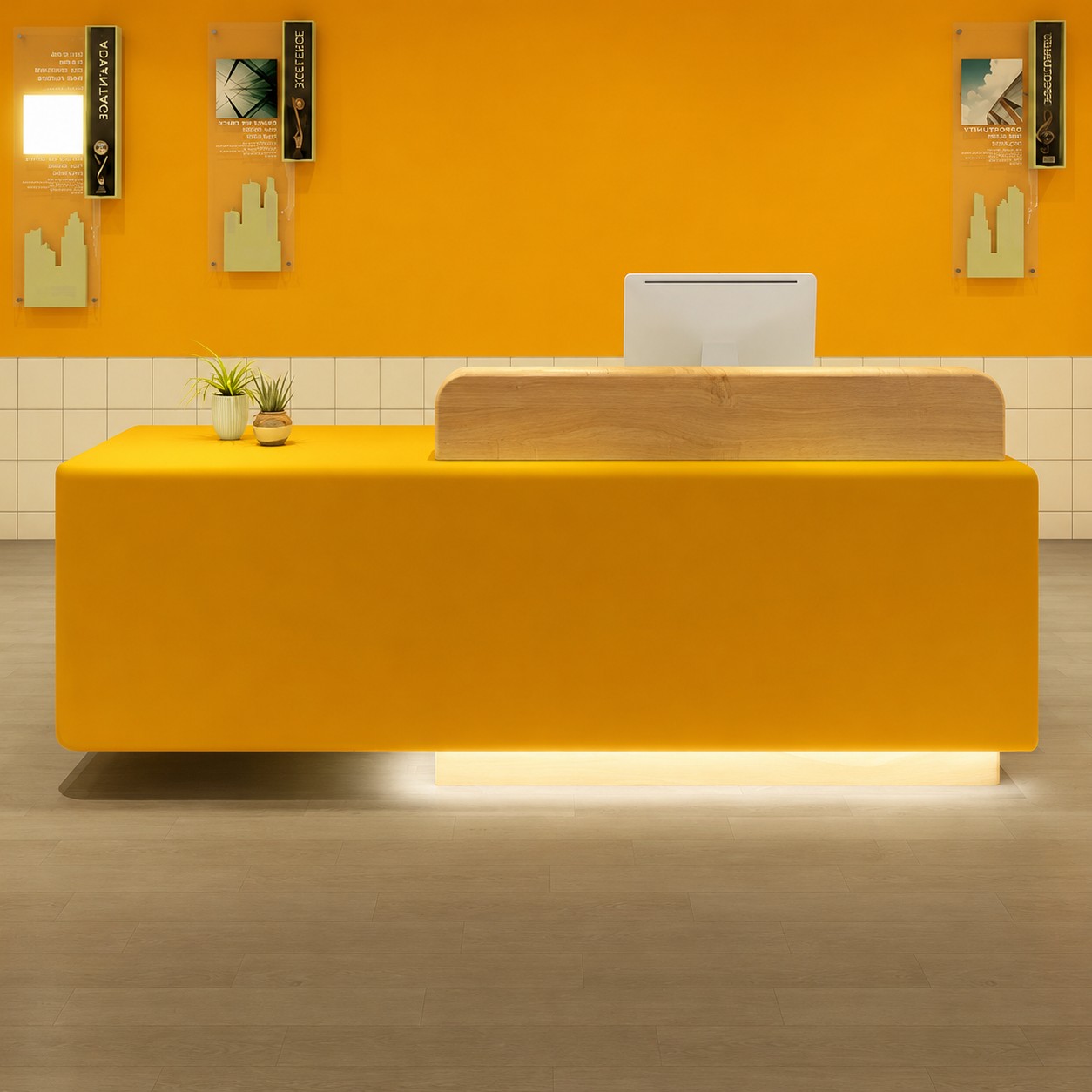 Modern Reception Desk with Rounded Corners and Raised Wood Accent RD-325