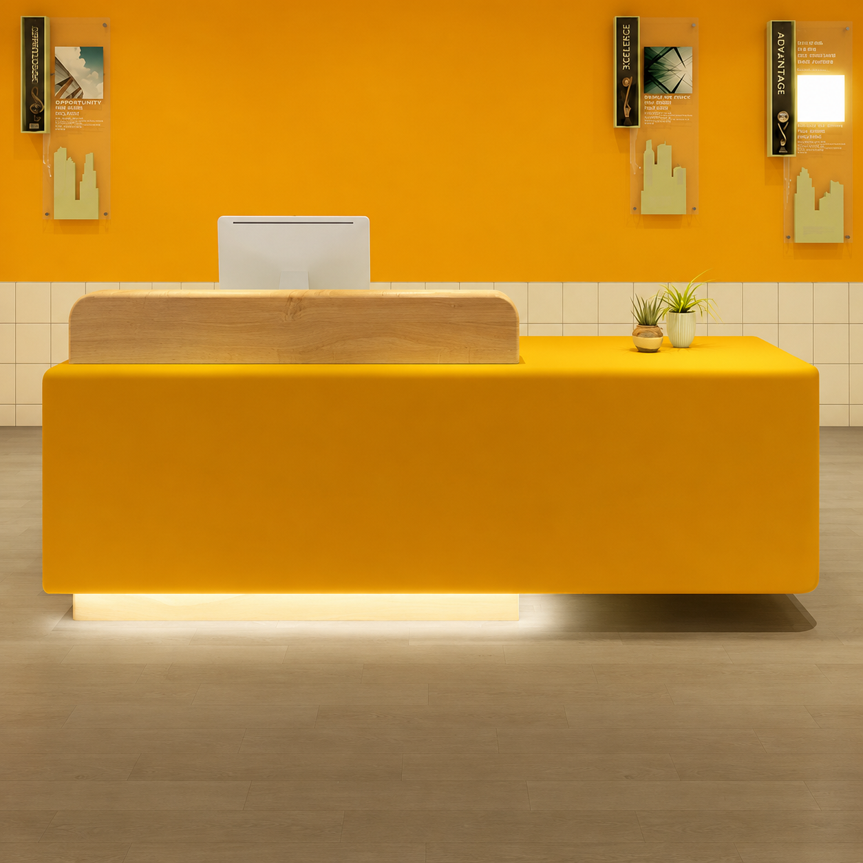 Modern Reception Desk with Rounded Corners and Raised Wood Accent RD-325