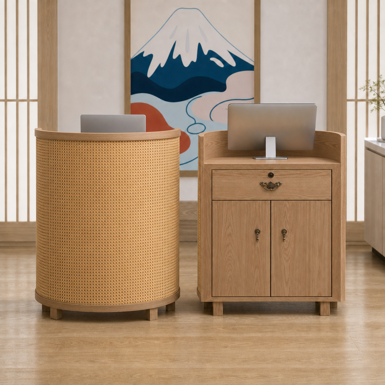 Reception Desk Set with Rattan Weave Counter and Storage Cabinet RD-342