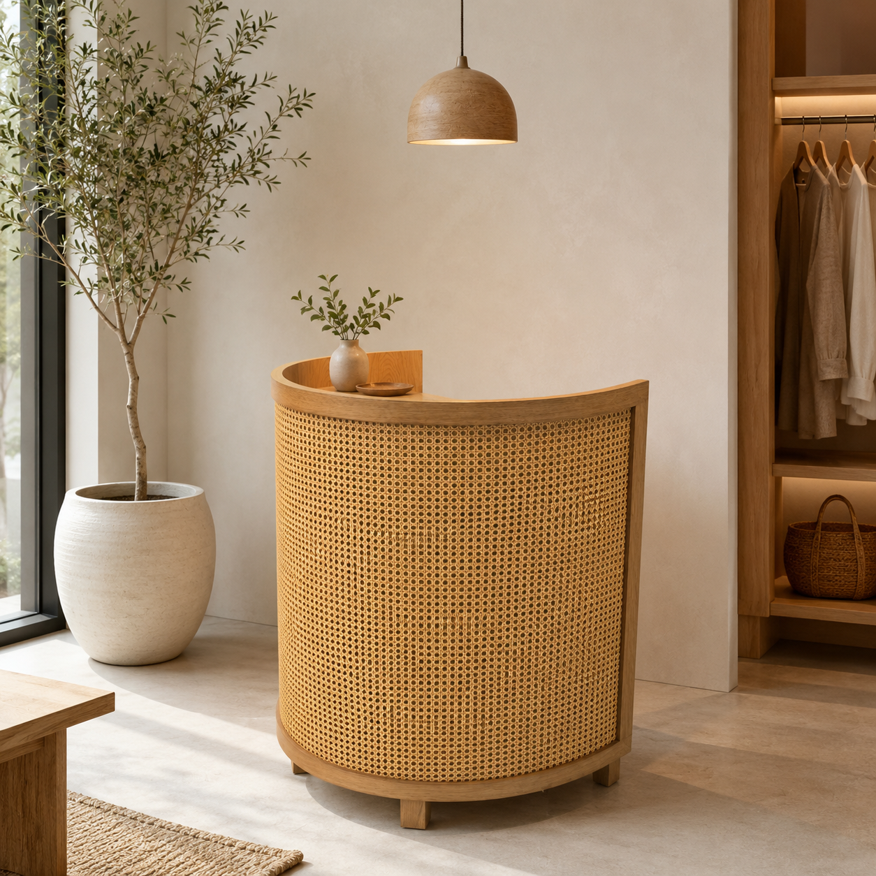 Reception Desk Set with Rattan Weave Counter and Storage Cabinet RD-342