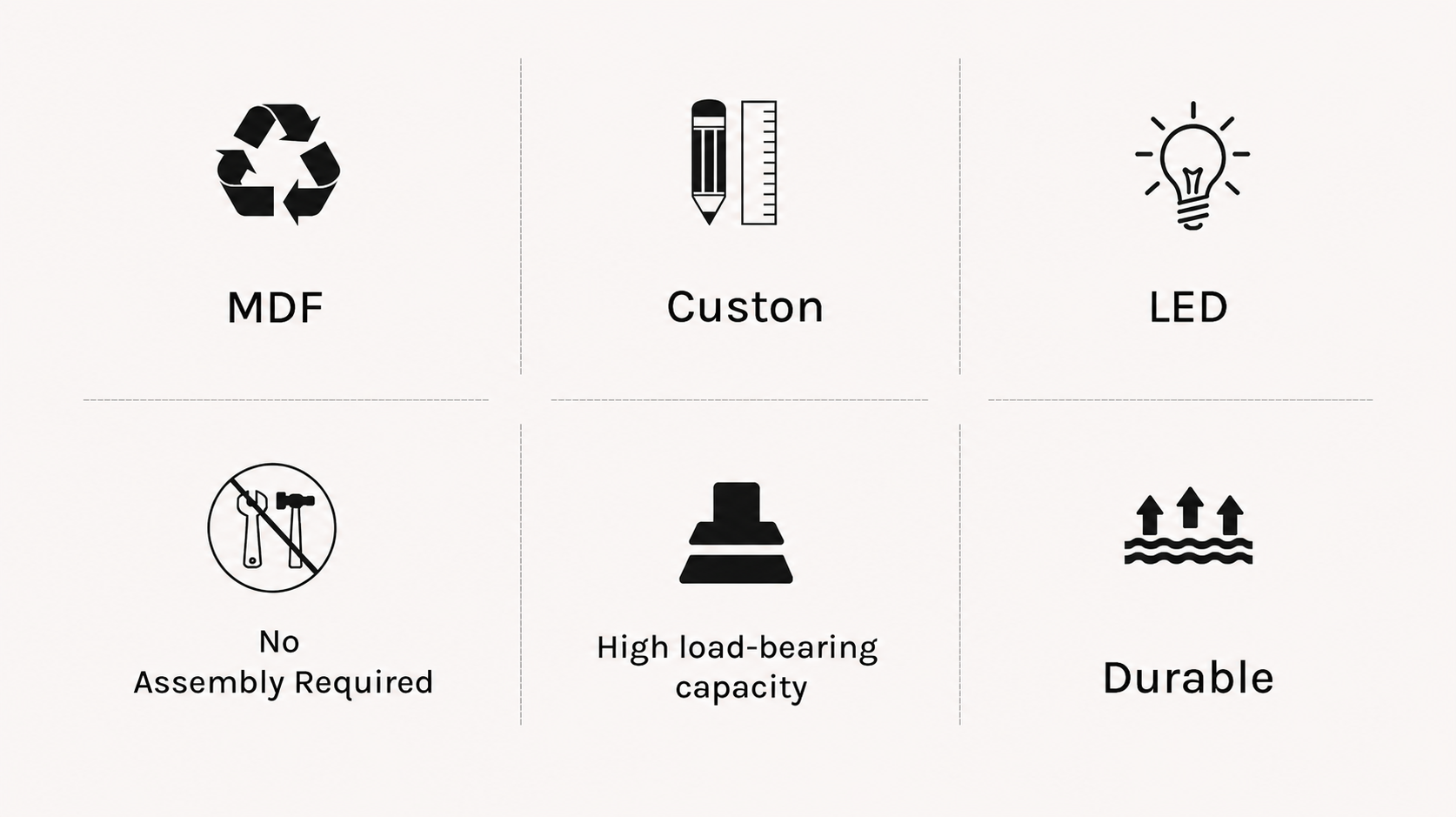 MDF, custom options, LED lighting, no assembly required, high load-bearing capacity and durable construction