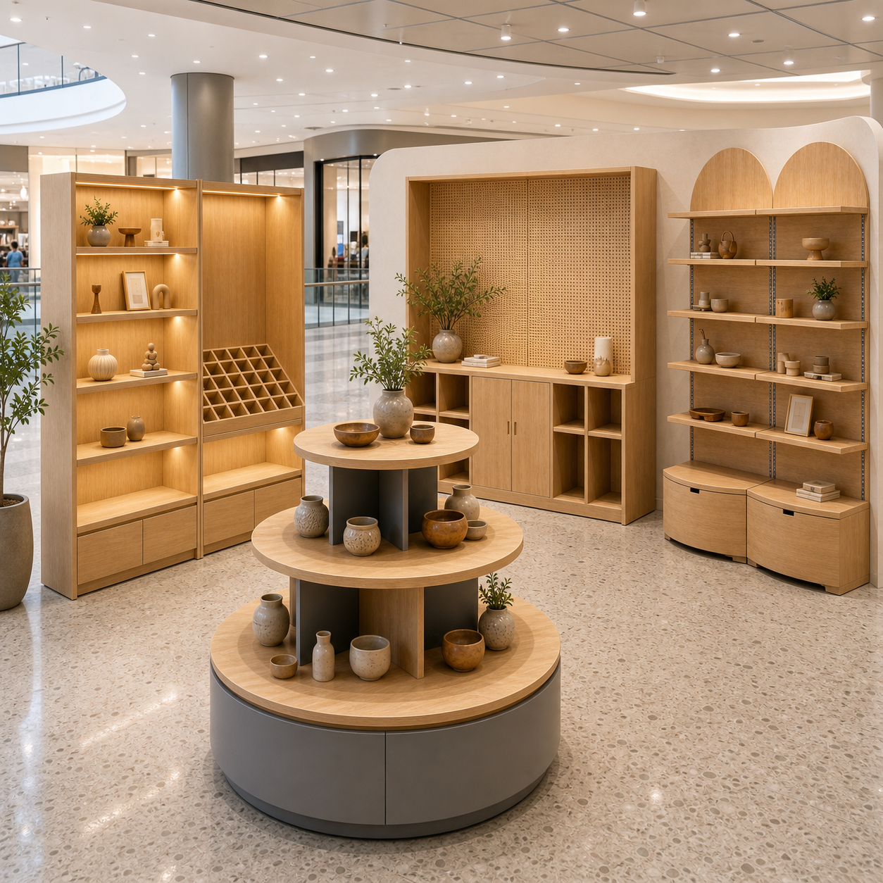 Natural Wood Shelf and Angled Grid Display Cabinet DC-014