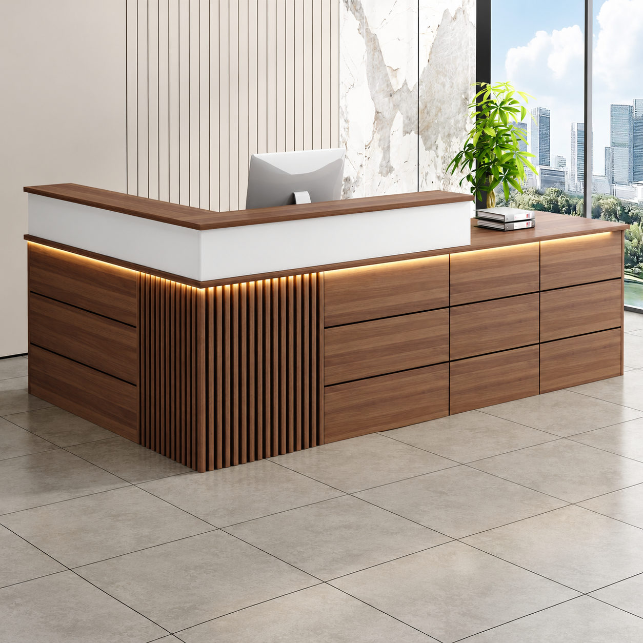 Reception Desk with Fluted Corner Panel and Integrated Storage RD-310