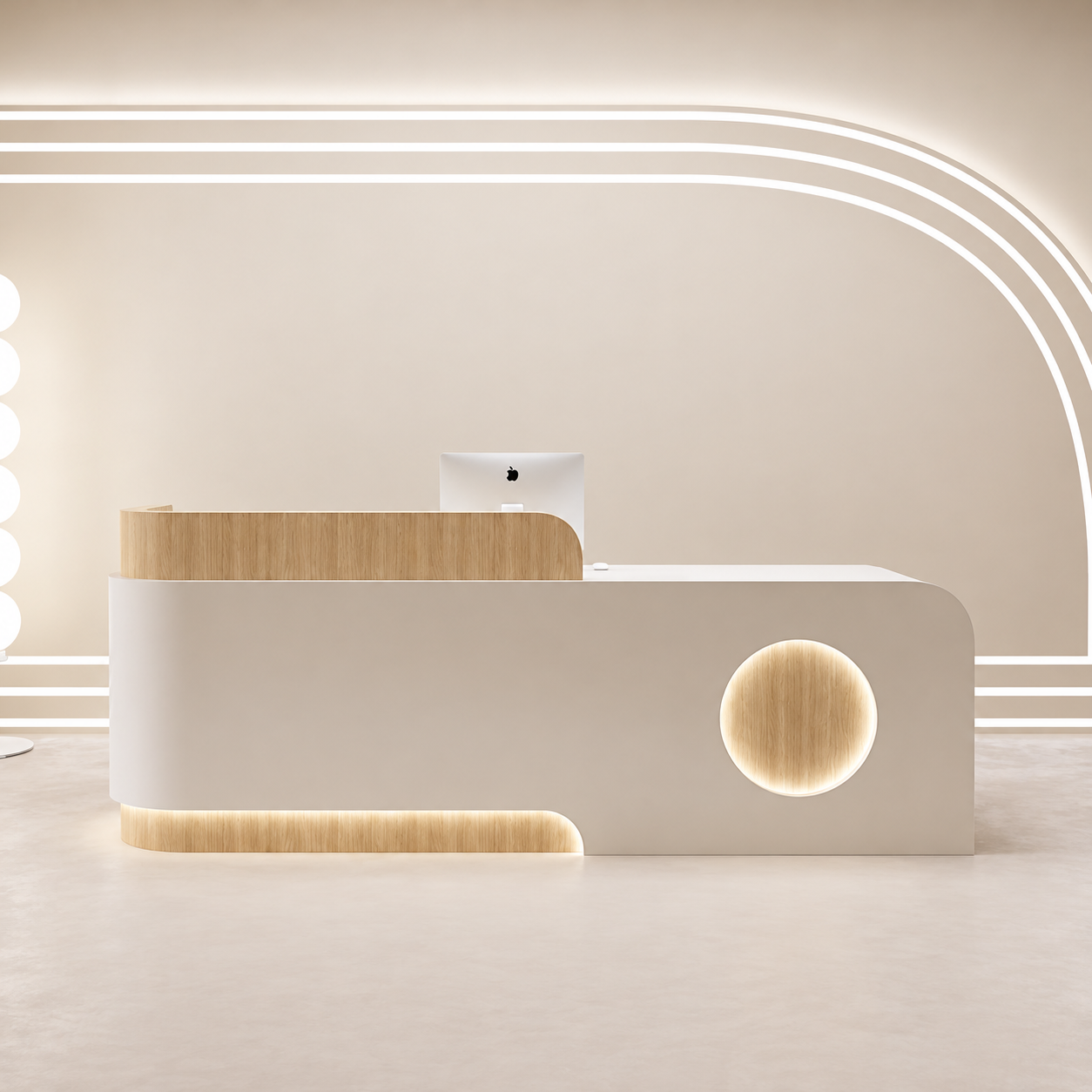 Curved Reception Desk with Circular Accent Panel and LED Lighting RD-312