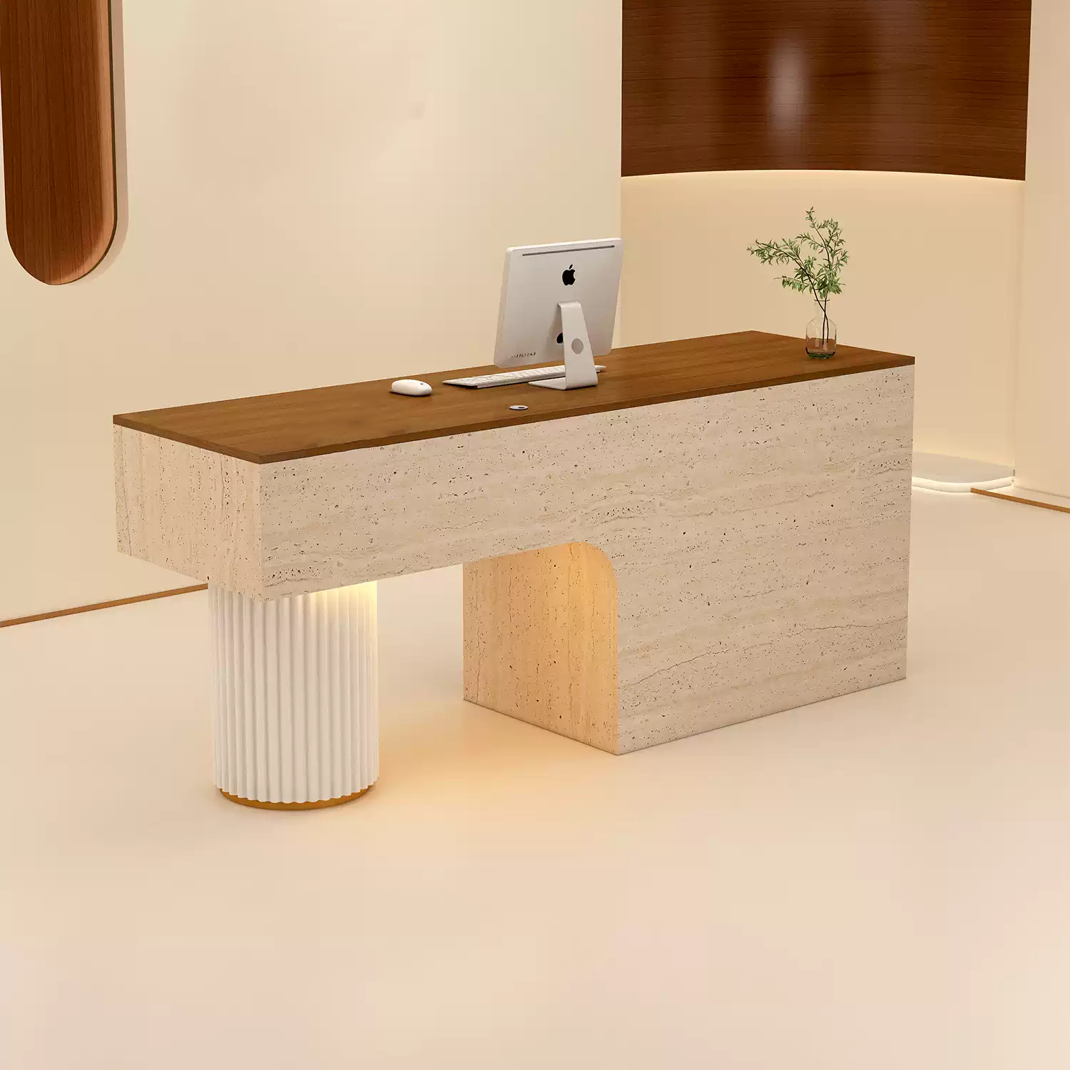 Modern Reception Desk with Stone Texture and Fluted Column Detail RD-307