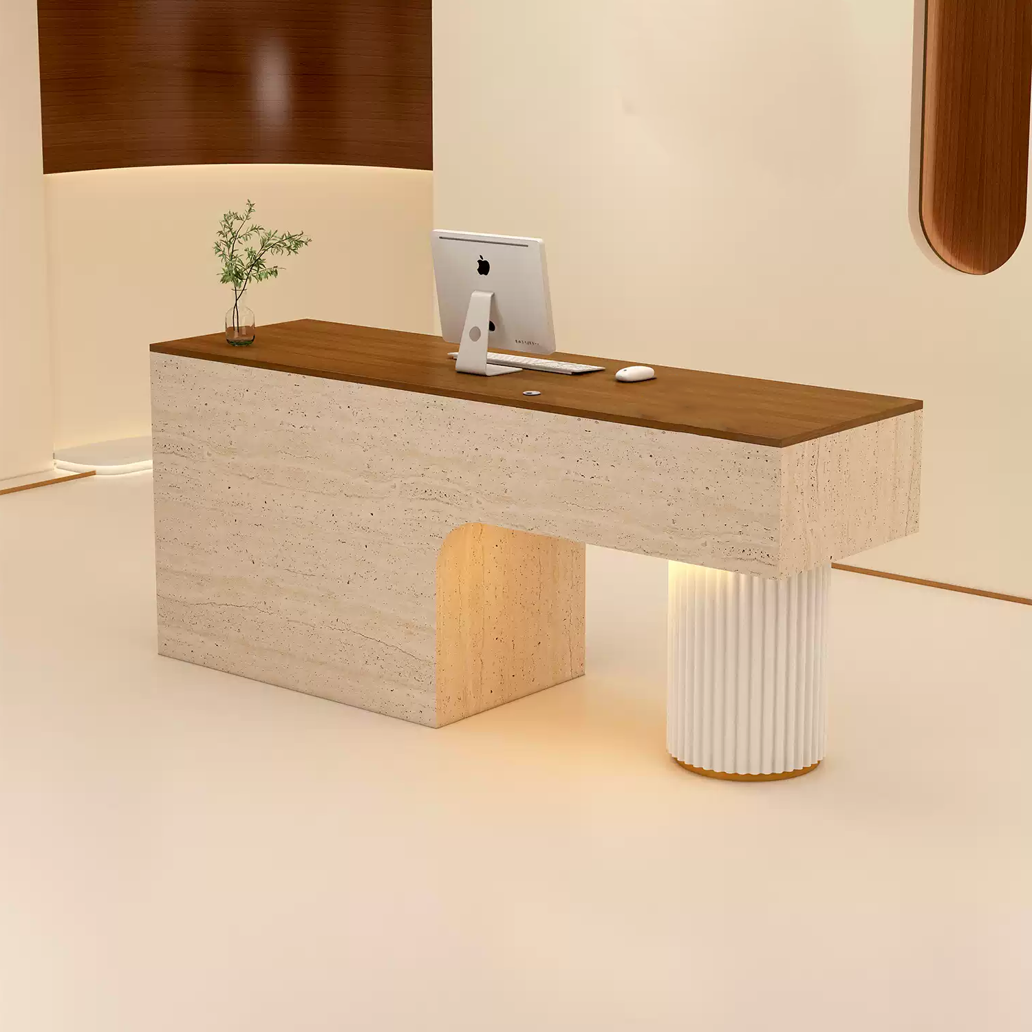 Modern Reception Desk with Stone Texture and Fluted Column Detail RD-307