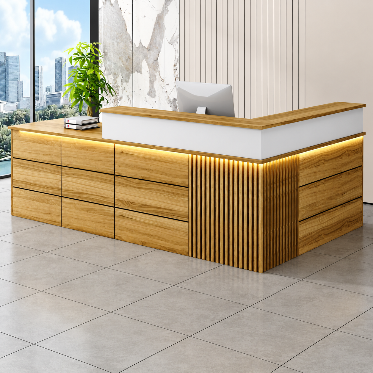 Reception Desk with Fluted Corner Panel and Integrated Storage RD-310