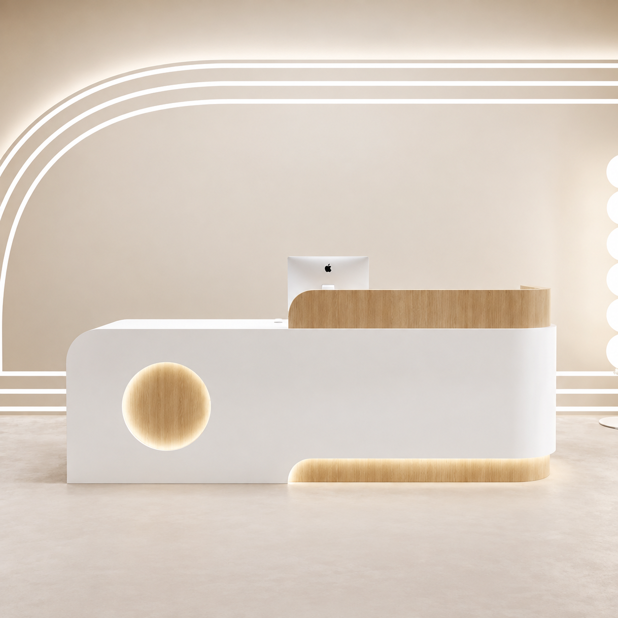 Curved Reception Desk with Circular Accent Panel and LED Lighting RD-312
