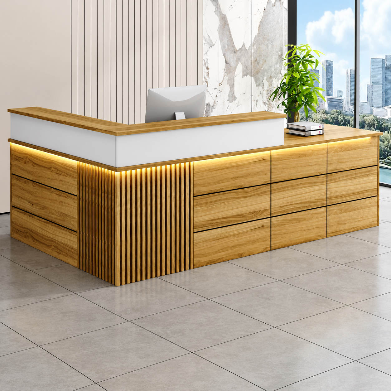 Reception Desk with Fluted Corner Panel and Integrated Storage RD-310