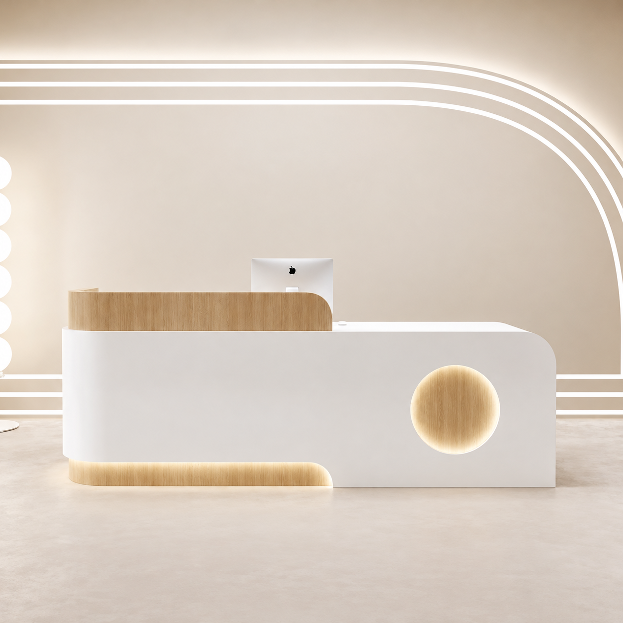 Curved Reception Desk with Circular Accent Panel and LED Lighting RD-312