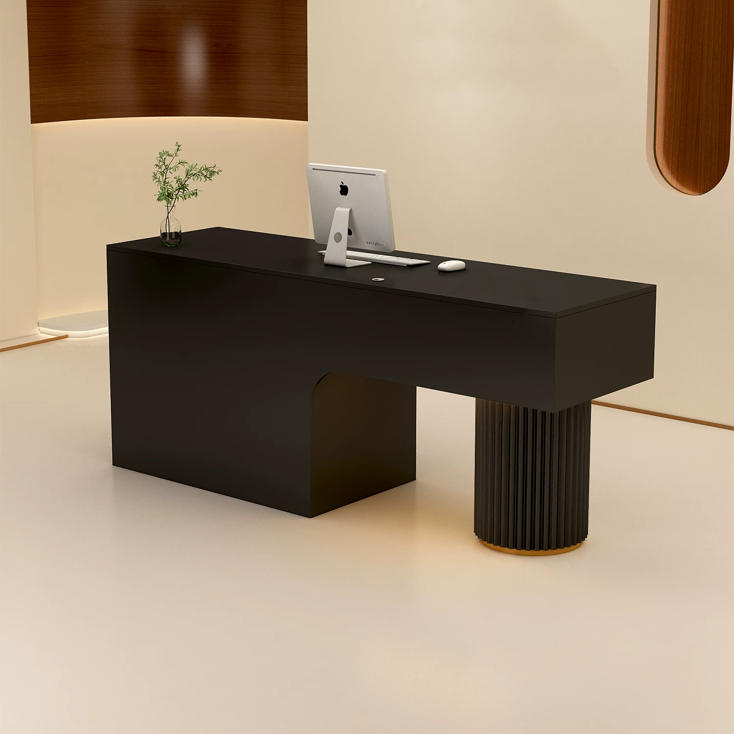 Modern Reception Desk with Stone Texture and Fluted Column Detail RD-307