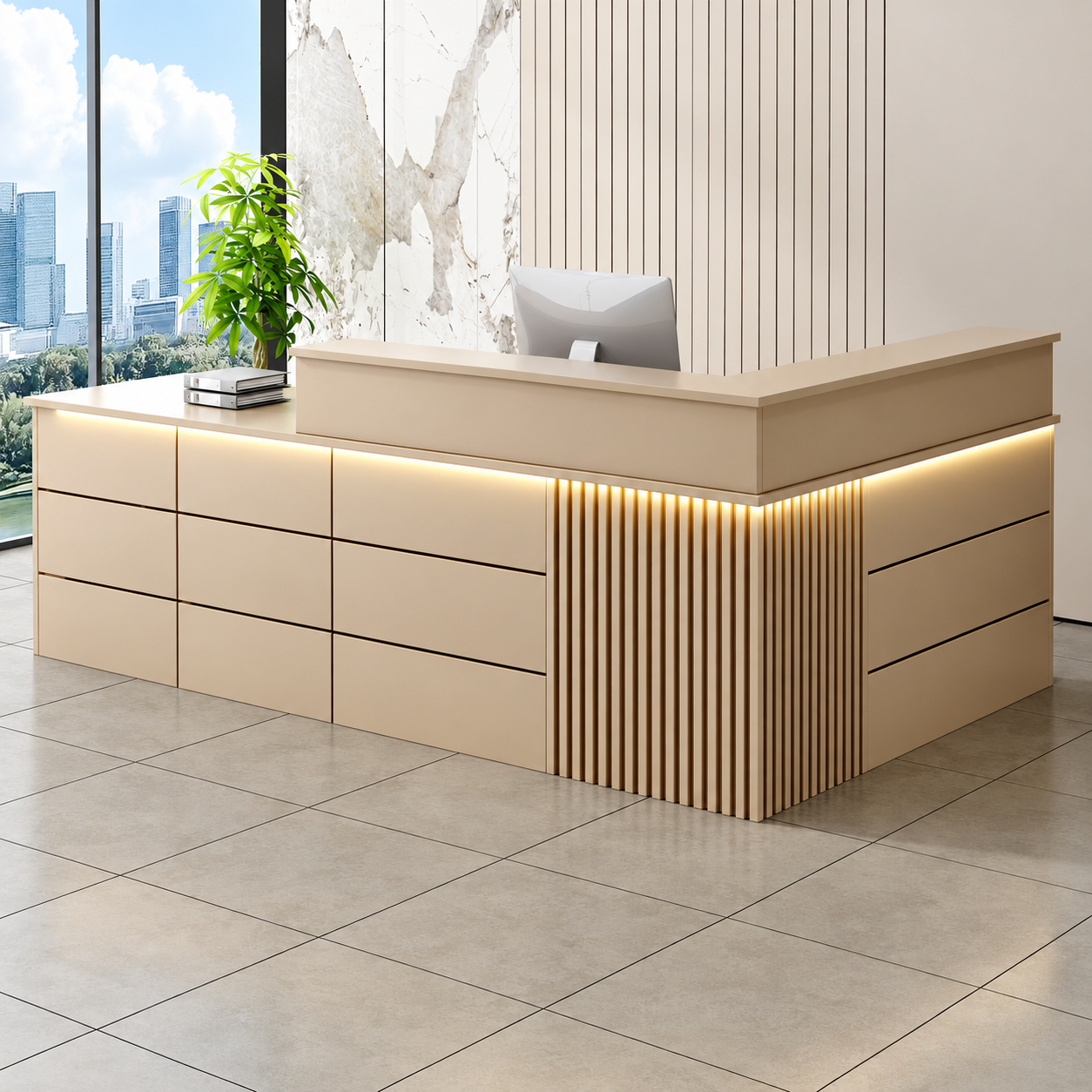 Reception Desk with Fluted Corner Panel and Integrated Storage RD-310