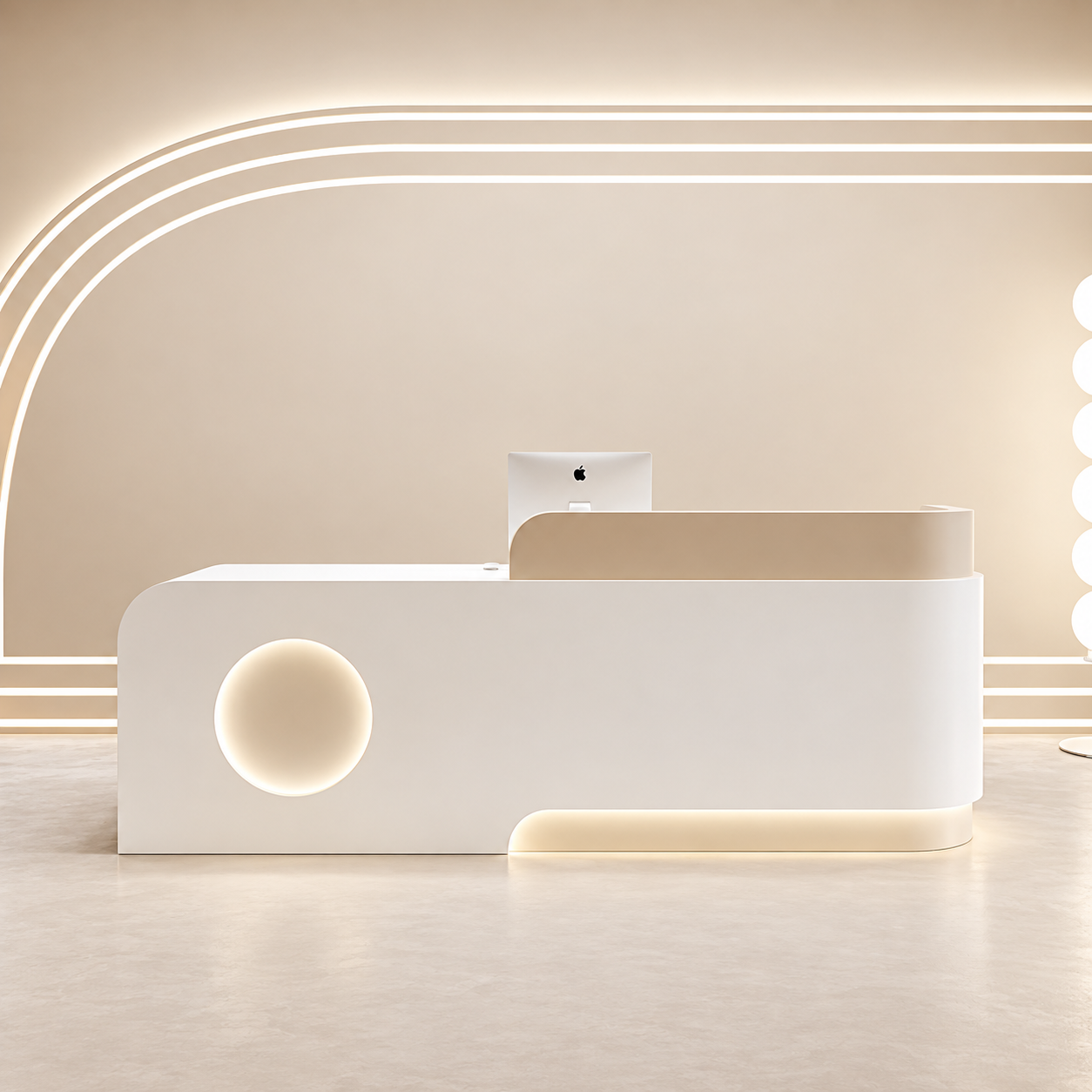 Curved Reception Desk with Circular Accent Panel and LED Lighting RD-312