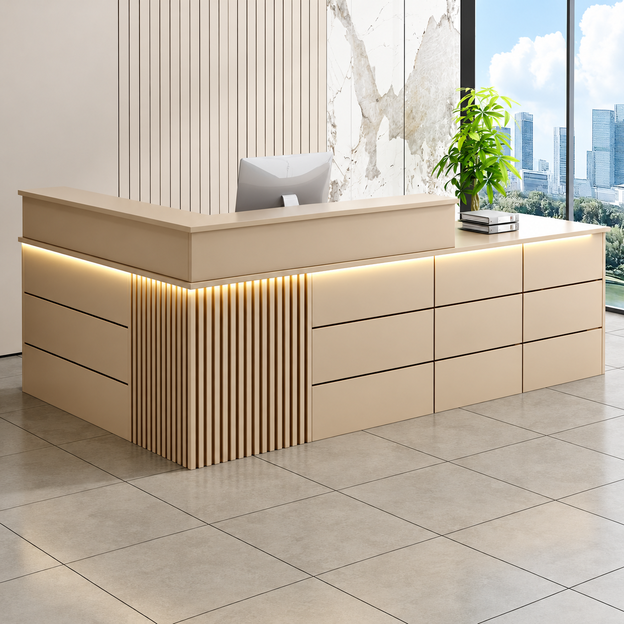 Reception Desk with Fluted Corner Panel and Integrated Storage RD-310