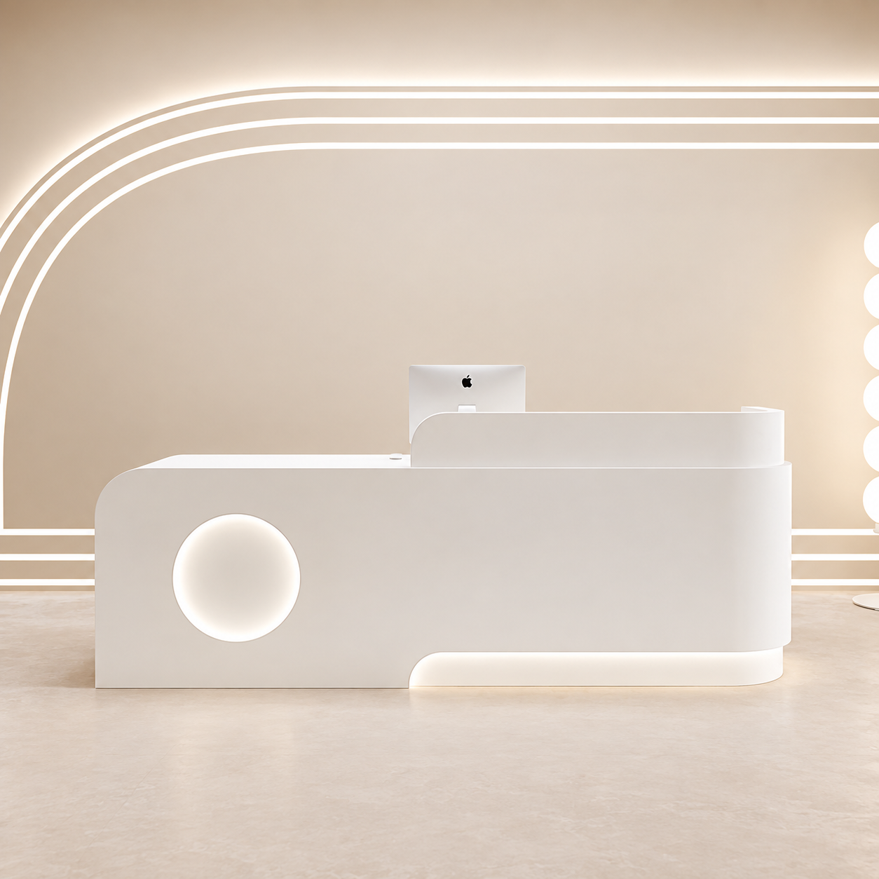 Curved Reception Desk with Circular Accent Panel and LED Lighting RD-312