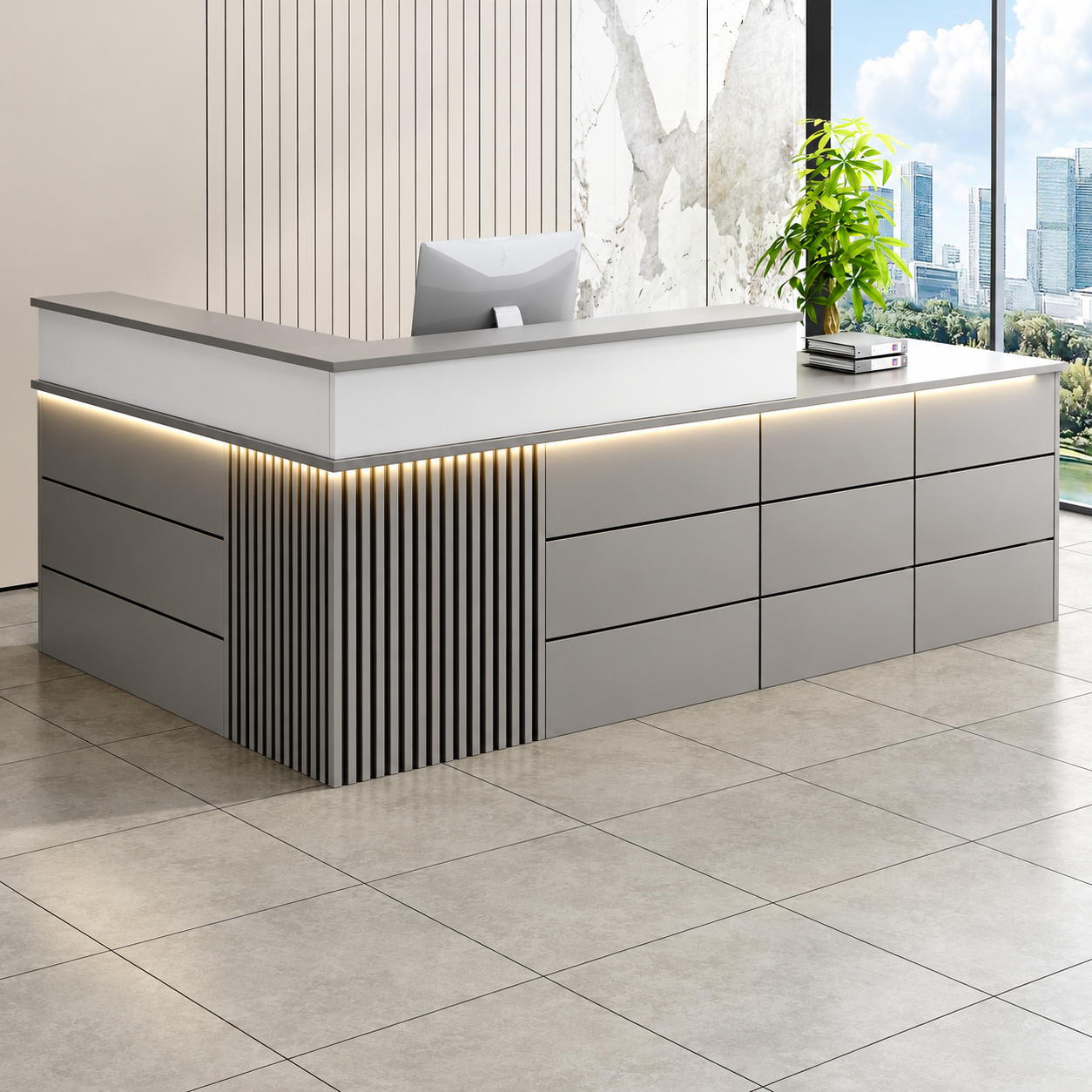Reception Desk with Fluted Corner Panel and Integrated Storage RD-310