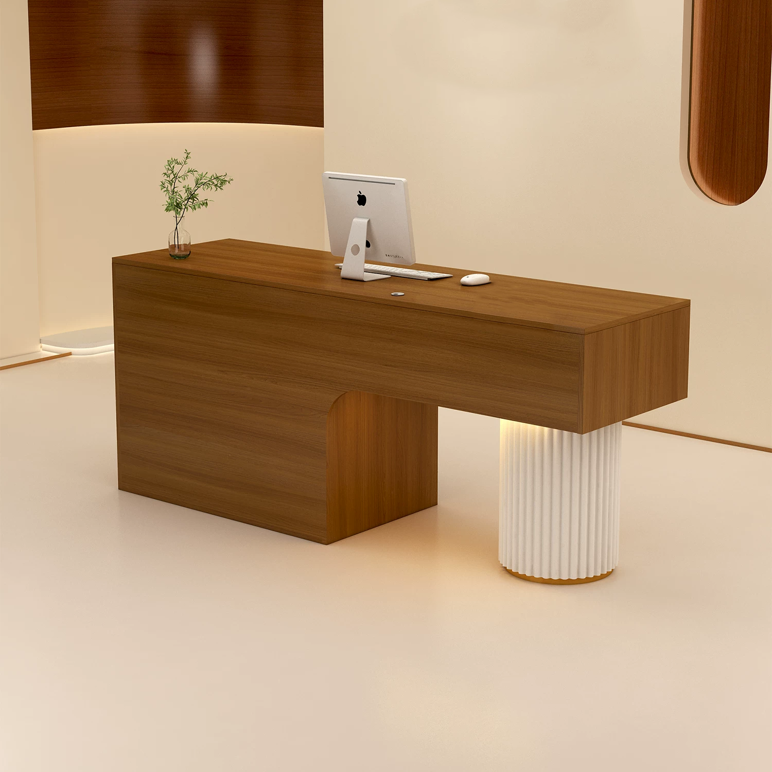 Modern Reception Desk with Stone Texture and Fluted Column Detail RD-307