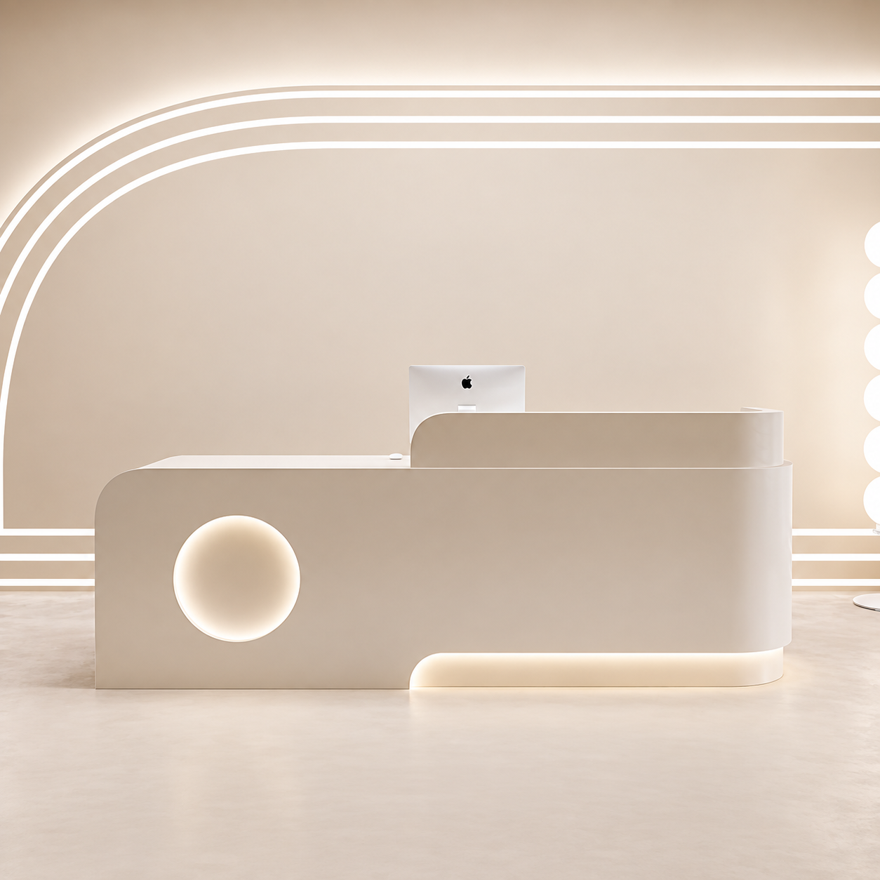Curved Reception Desk with Circular Accent Panel and LED Lighting RD-312