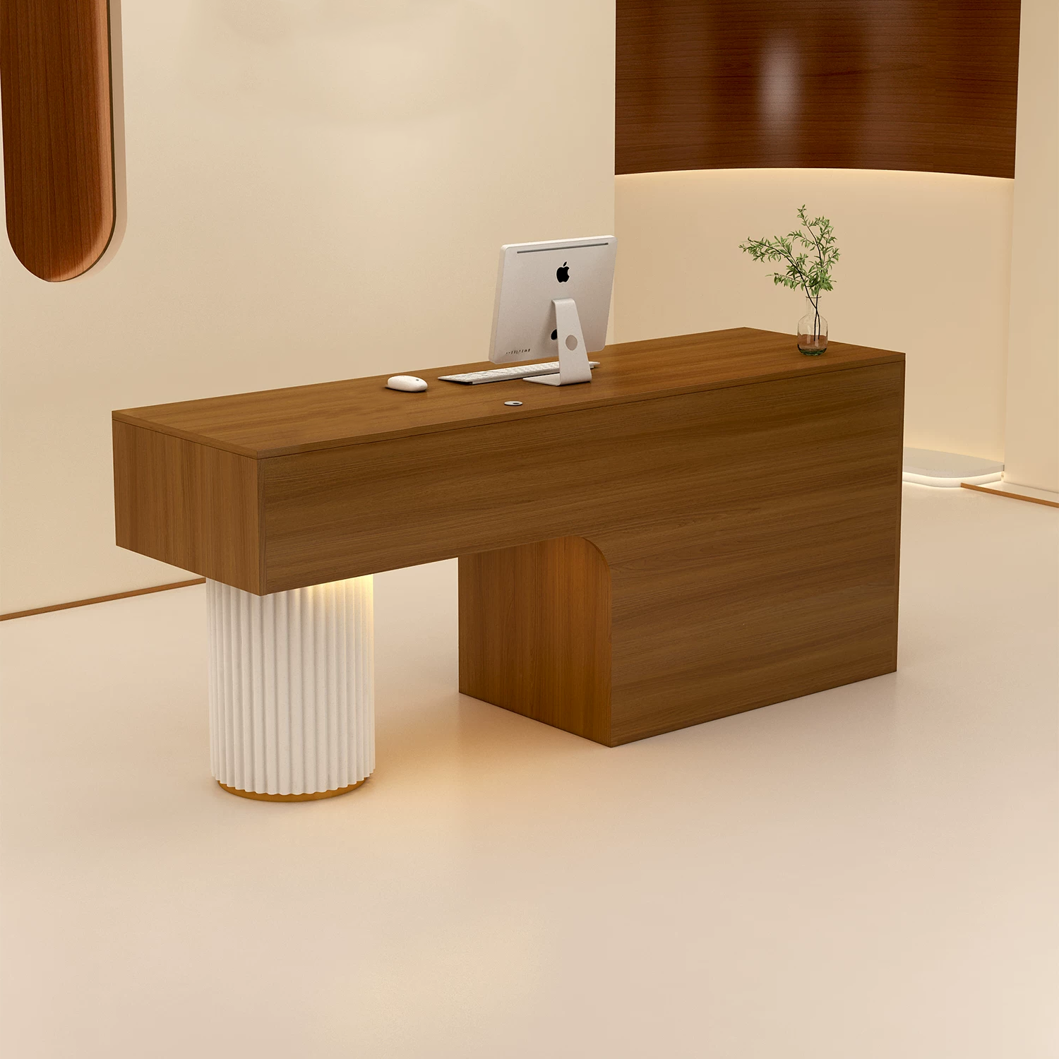 Modern Reception Desk with Stone Texture and Fluted Column Detail RD-307