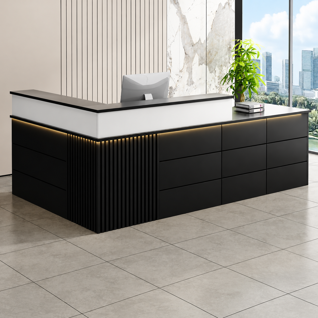 Reception Desk with Fluted Corner Panel and Integrated Storage RD-310