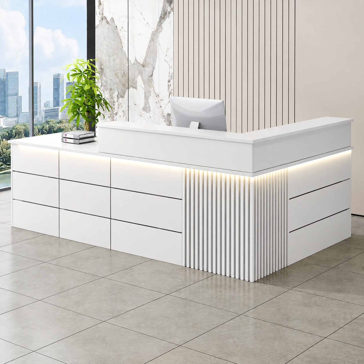 Reception Desk with Fluted Corner Panel and Integrated Storage RD-310