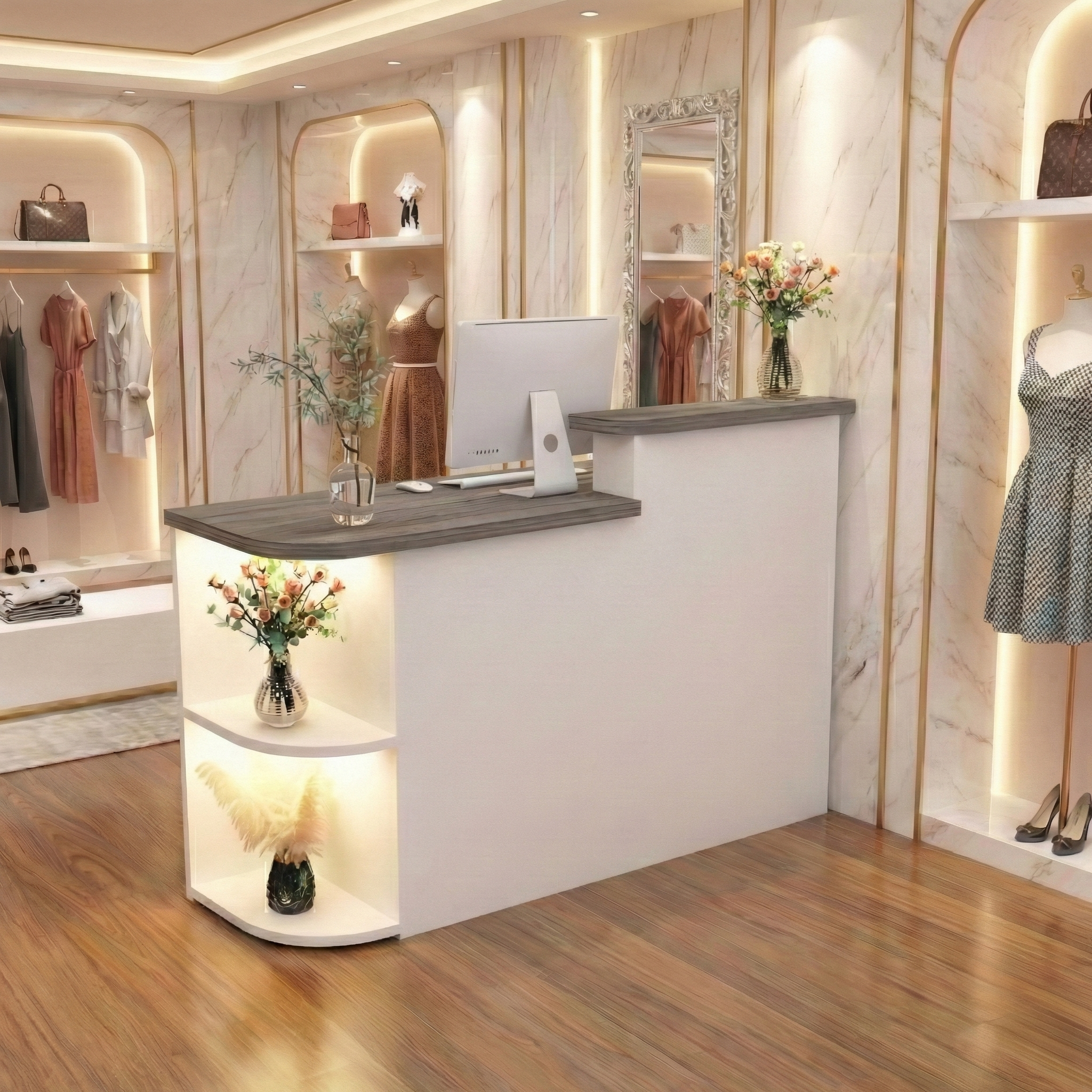 Simple Clothing Store Grey + White Reception Desk With LED Spotlight